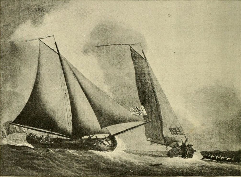 Sketch of traditional wooden sailing boats in a storm