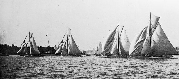 Black and white photograph of traditional wooden sail boats