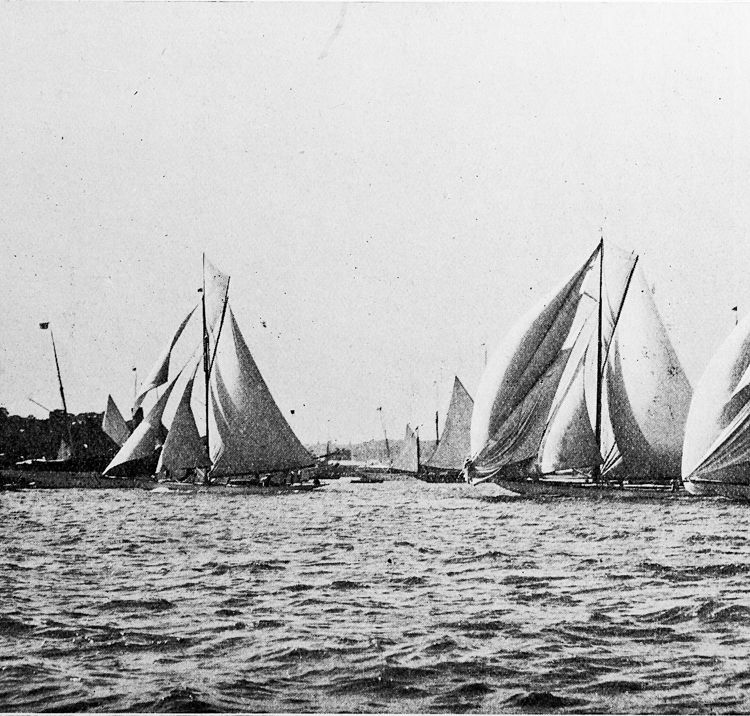 Black and white photograph of traditional wooden sail boats