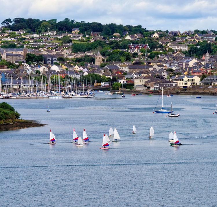 group of dinghies, and various other boast in the water at a harbour in Ireland