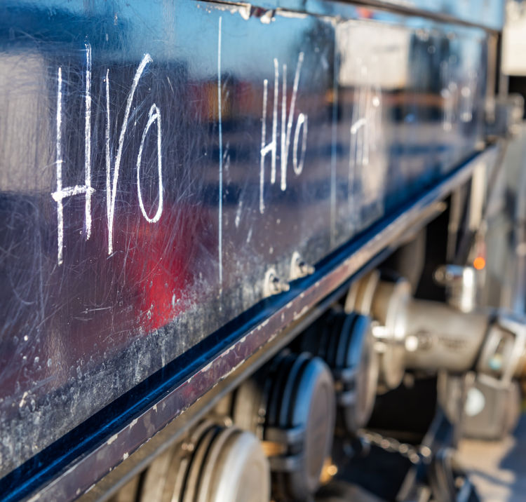 Fuel tanker truck unloading the new 100% renewable diesel fuel called HVO (Hydrotreated Vegetable Oil).