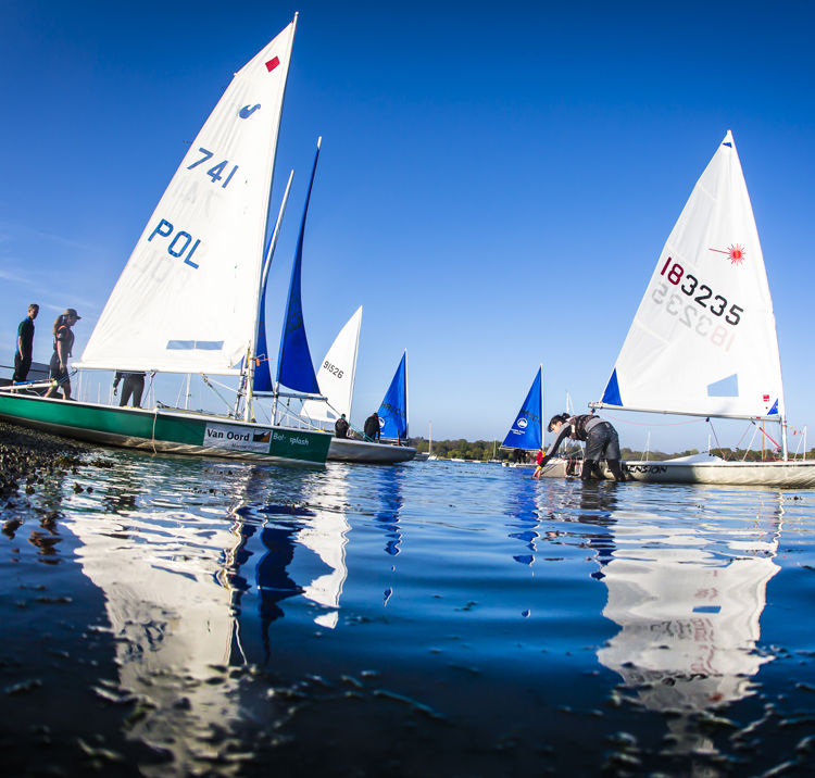 A wide shot of dinghies from the water