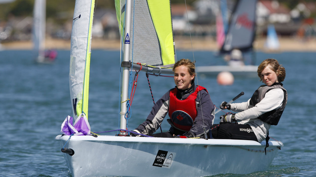 Two children sailing on double handed dinghy