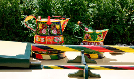 wide shot of canal boat decorations