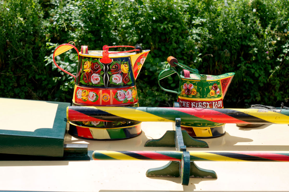 wide shot of canal boat decorations