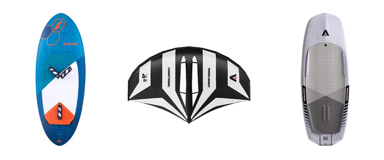 (l to r) The Tabou Rocket Wingfoil Board, Armstrong XPS Wing MkII and Armstrong FG Wingfoil Board from The OTC